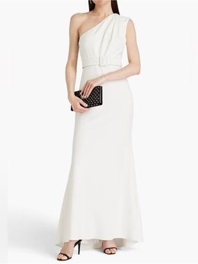 BADGLEY MISCHKA One-shoulder belted crepe gown NWT 8